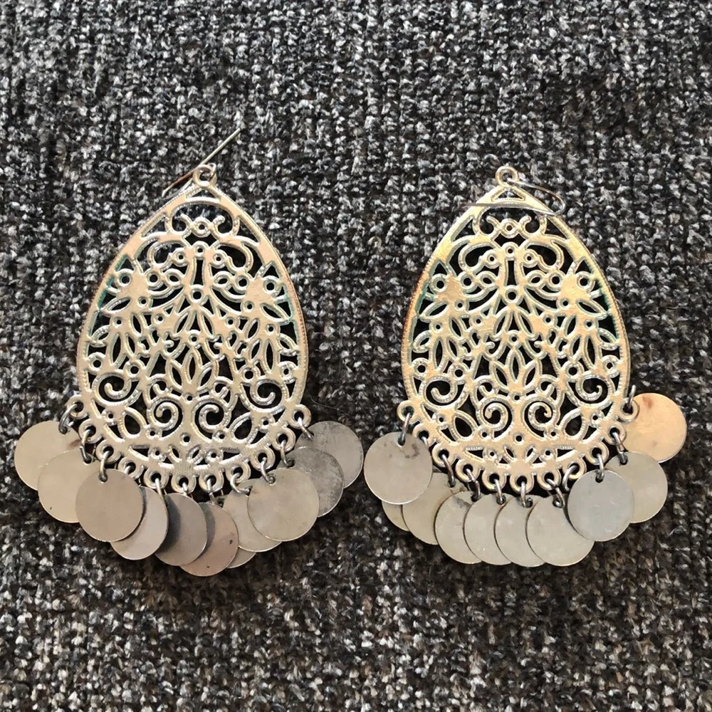 Boho Style Dangling Coin Disc Chandelier Earrings - Picture 2 of 5